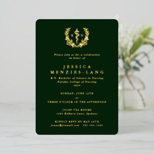 Invitación Con Relieve Metalizado Enfermera Registrada DarkGreen Corona de Laurel+As