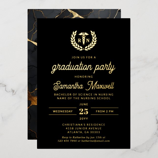 Invitación Con Relieve Metalizado Enfermera RN BSN Partido de Graduación Escolar de  (Anverso/Reverso)