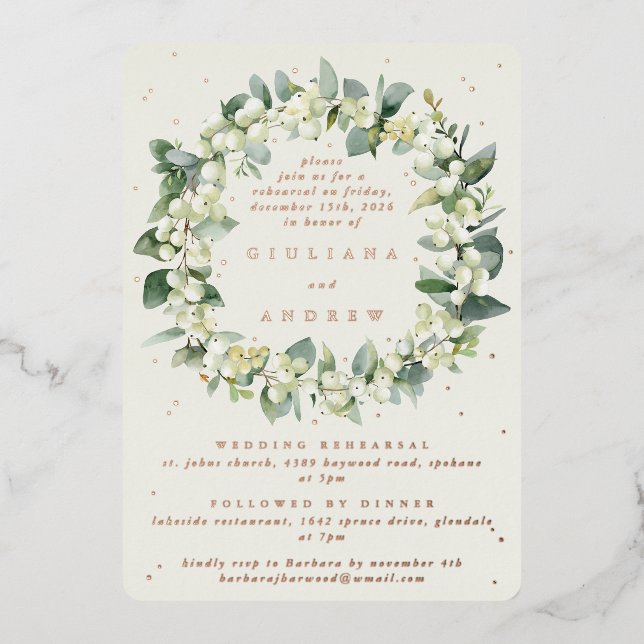 Invitación Con Relieve Metalizado Ensayo Boda Cream Snowberry+Eucalyptus (Anverso)