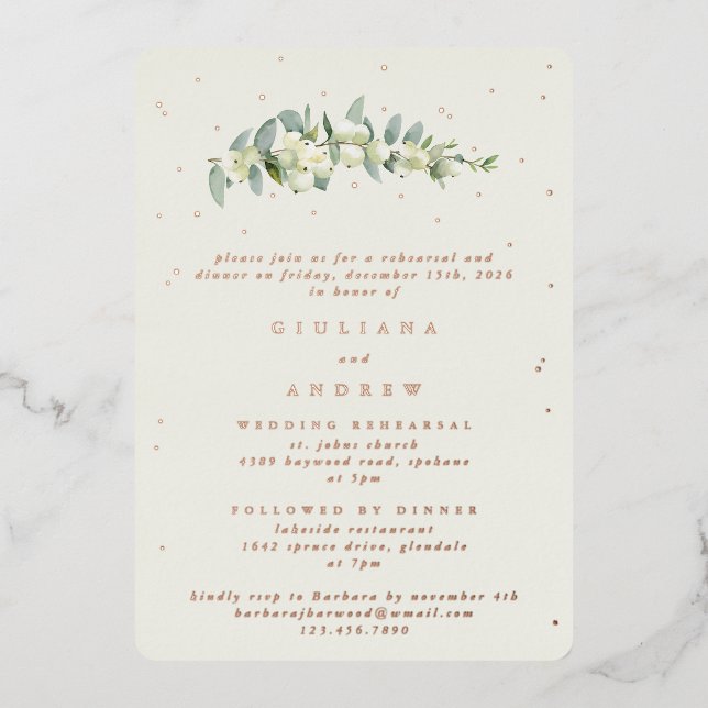 Invitación Con Relieve Metalizado Ensayo Boda Cream Snowberry+Eucalyptus (Anverso)
