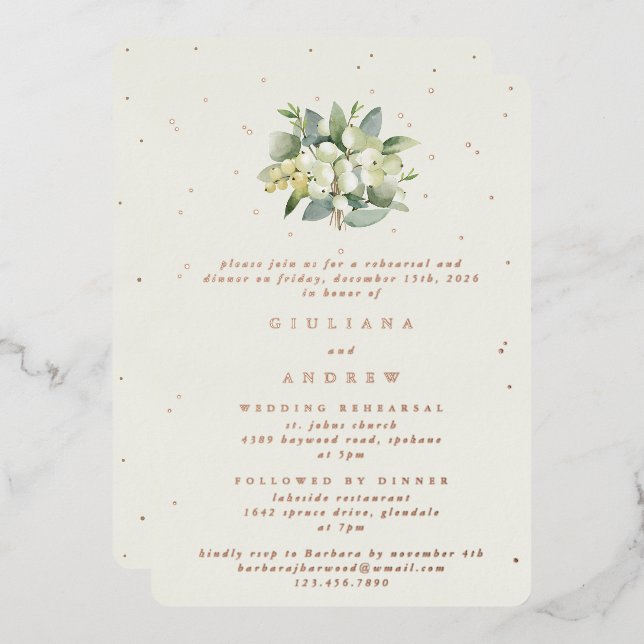 Invitación Con Relieve Metalizado Ensayo Boda Cream Snowberry+Eucalyptus (Anverso/Reverso)