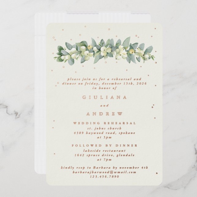 Invitación Con Relieve Metalizado Ensayo Boda Cream Snowberry+Eucalyptus (Sobre)
