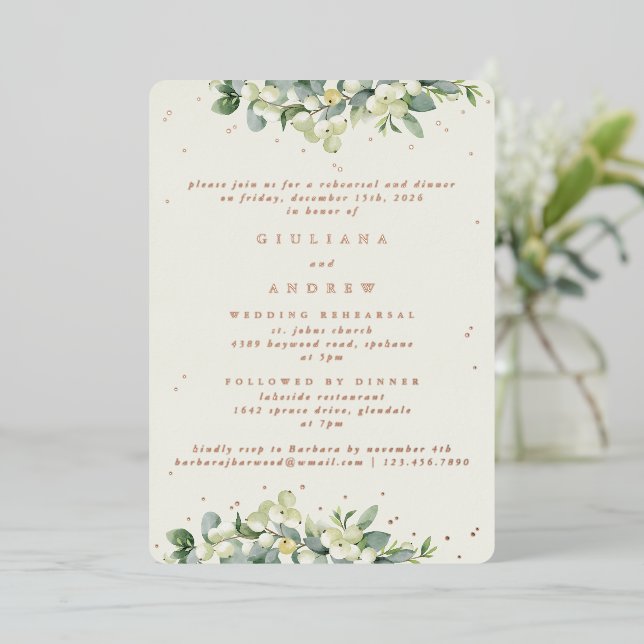 Invitación Con Relieve Metalizado Ensayo Boda Cream Snowberry+Eucalyptus (Anverso de pie)