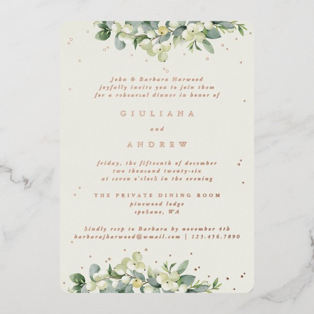 Invitación Con Relieve Metalizado Ensayo Boda Cream Snowberry+Eucalyptus (Anverso)