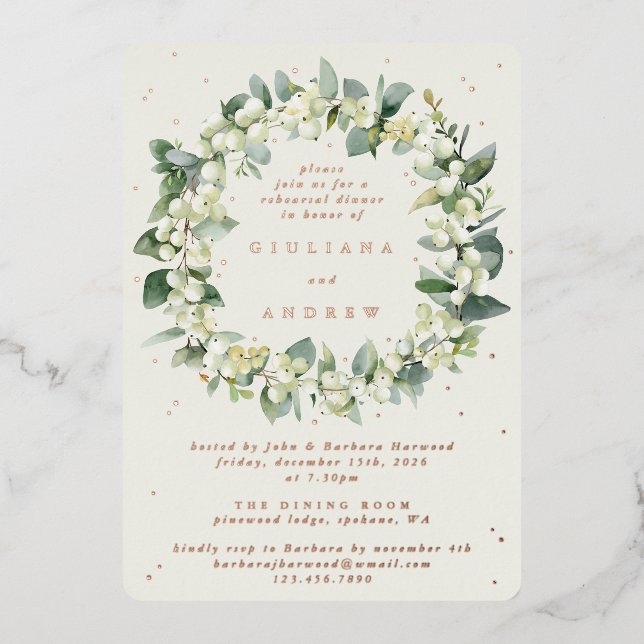 Invitación Con Relieve Metalizado Ensayo Boda Cream Snowberry+Eucalyptus (Anverso)