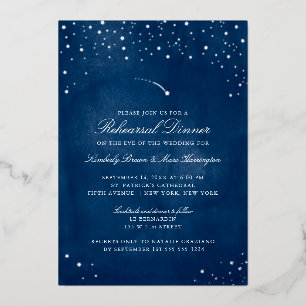 Invitación Con Relieve Metalizado Ensayo de Boda Acuarela Azul Estrella Fugaz
