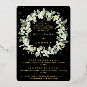 Invitación Con Relieve Metalizado Ensayo de Boda Black Snowberry+Eucalyptus