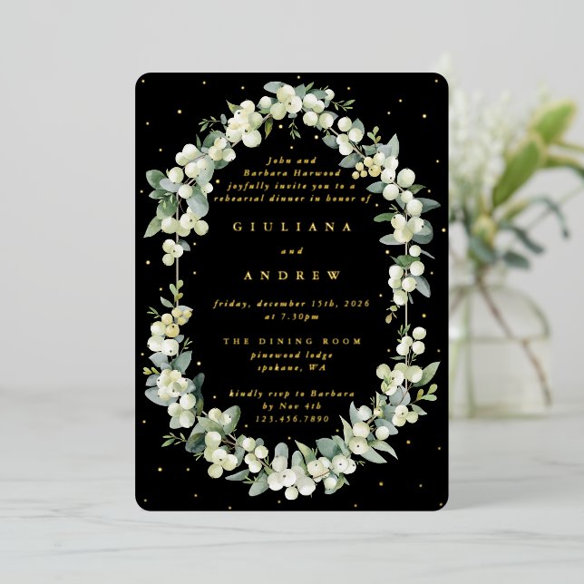Invitación Con Relieve Metalizado Ensayo de Boda Black Snowberry+Eucalyptus (Anverso de pie)