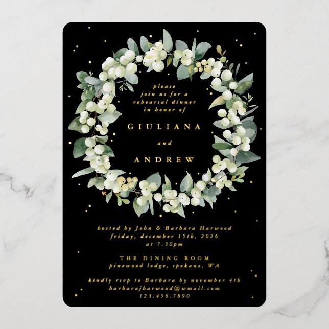 Invitación Con Relieve Metalizado Ensayo de Boda Black Snowberry+Eucalyptus (Anverso)