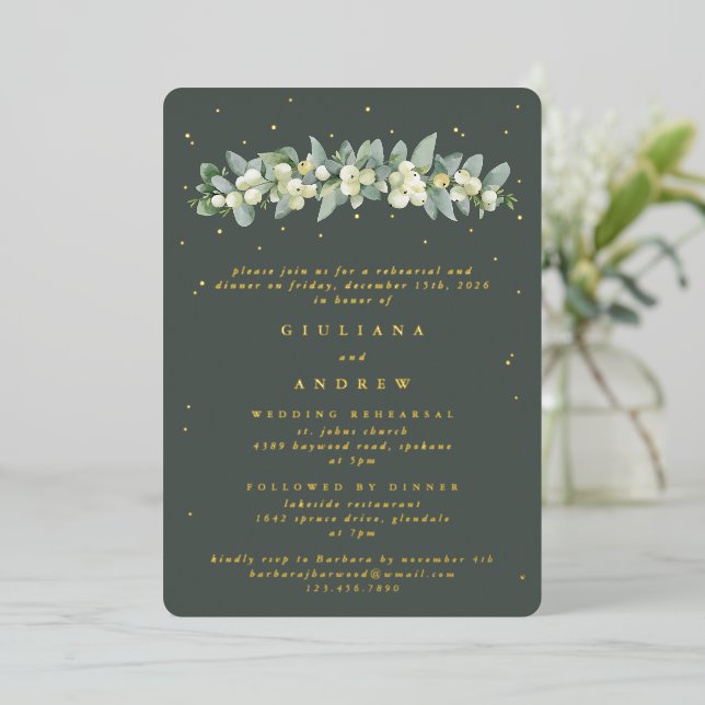 Invitación Con Relieve Metalizado Ensayo de Boda de cerezo verde gris + eucalipto (Anverso de pie)
