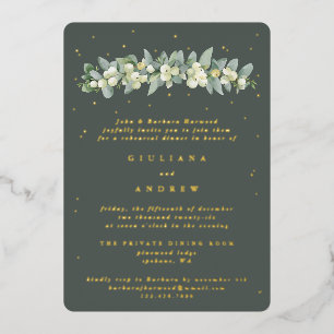 Invitación Con Relieve Metalizado Ensayo de Boda de cerezo verde gris + eucalipto