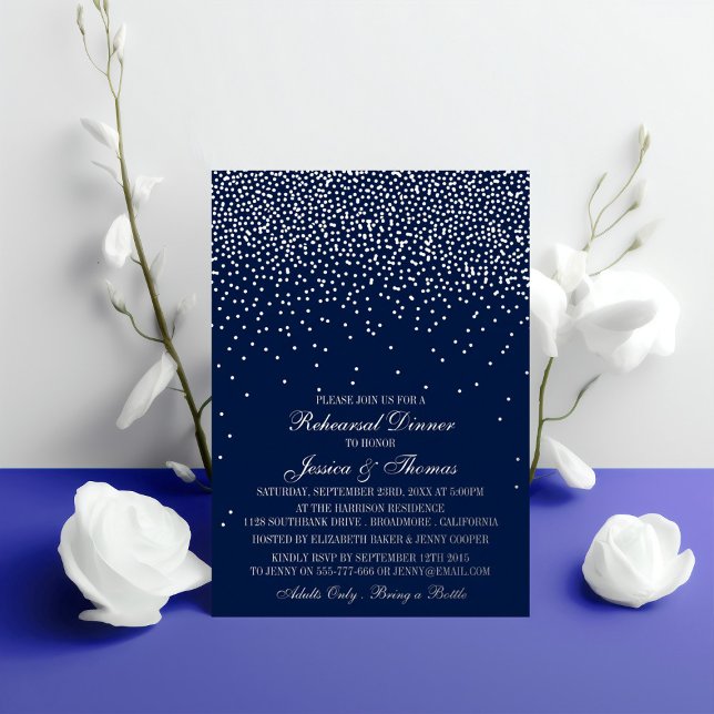 Invitación Con Relieve Metalizado Ensayo de Boda de confetti azul y glam plateado de (Subido por el creador)