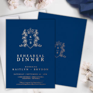 Invitación Con Relieve Metalizado Ensayo de boda de monograma de corona azul oro ros