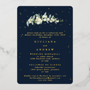 Invitación Con Relieve Metalizado Ensayo de Boda de Navy Oscuro Snowberry+Eucalipto