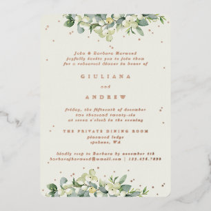 Invitación Con Relieve Metalizado Ensayo de Boda de Snowberry+Eucalyptus Crema