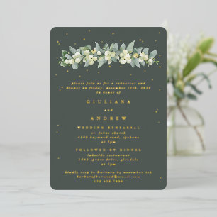 Invitación Con Relieve Metalizado Ensayo de Boda Gris Verde Snowberry+Eucalipto