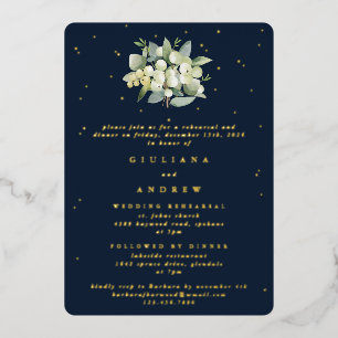 Invitación Con Relieve Metalizado Ensayo de Boda Navy Blue Snowberry+Eucalyptus