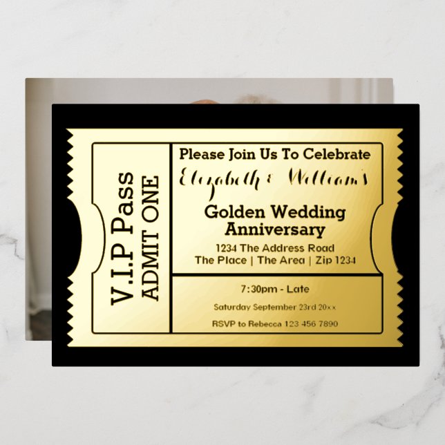 Invitación Con Relieve Metalizado Entrada de aniversario de bodas de oro VIP Pass (Anverso/Reverso)