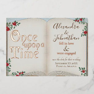 Invitación Con Relieve Metalizado Érase una vez libro de oro cuento de hadas boda