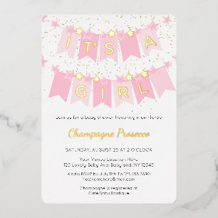 Invitación Con Relieve Metalizado Es un Chica de banderas de Bunting Rosado Foto Bab