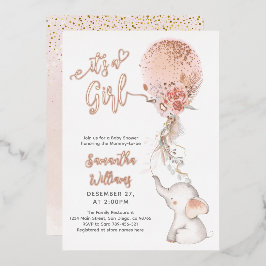 Invitación Con Relieve Metalizado Es un Chica simple elefante y globo Baby Shower