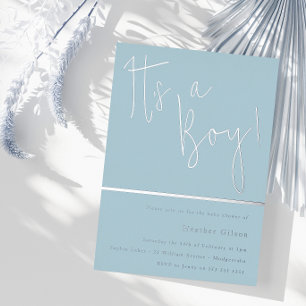 Invitación Con Relieve Metalizado Es un Niño! Azul Polvo y Plateado Baby Shower Plat