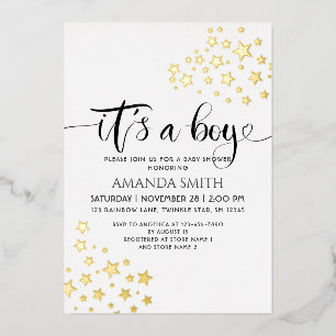 Invitación Con Relieve Metalizado Es un Niño Estrellas Doradas Baby Shower