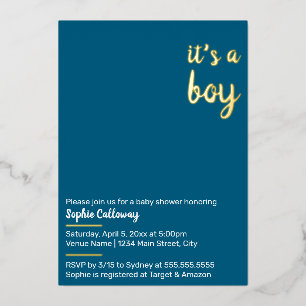Invitación Con Relieve Metalizado Es un Niño Fiesta Minimalista de Bienvenida al Beb