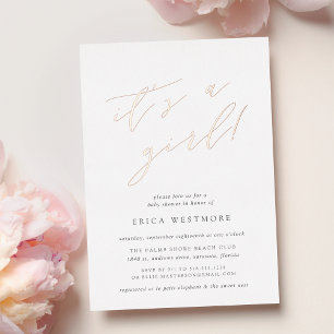 Invitación Con Relieve Metalizado Es una niña Aperitivo de bebé con caligrafía