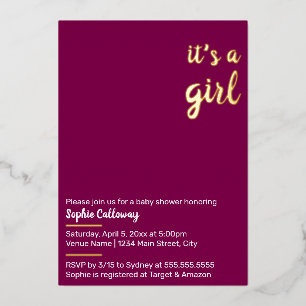 Invitación Con Relieve Metalizado Es una niña, Baby Shower Minimalista