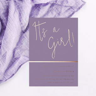 Invitación Con Relieve Metalizado ¡Es una niña! Regalo de bebé lavanda púrpura rosa