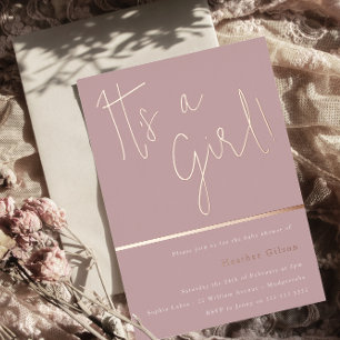 Invitación Con Relieve Metalizado ¡Es una niña! Rosa polvoriento Malva Baby Shower R