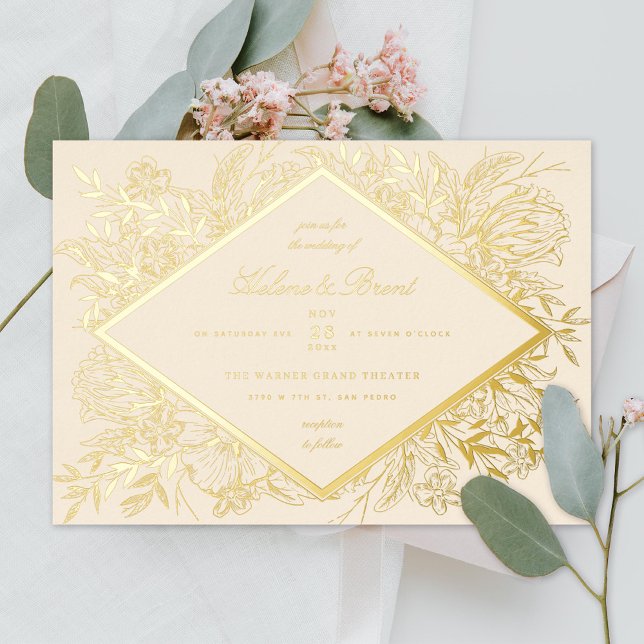 Invitación Con Relieve Metalizado Esbozo Diamante Floral Romántico Jardín Champagne (Subido por el creador)