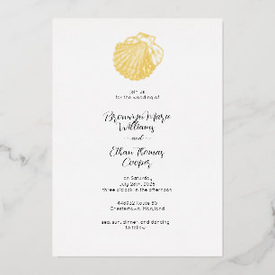 Invitación Con Relieve Metalizado Escama de pez y concha marina simple en acuarela