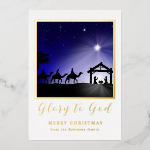 Invitación Con Relieve Metalizado Escena de la Natividad de Navidad Gloria a Dios Cr