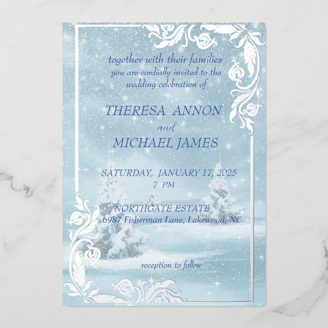 Invitación Con Relieve Metalizado Escena invernal en azul con nieve y pinos (Anverso)