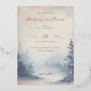 Invitación Con Relieve Metalizado Escena serena de bosque con acuarela en pasteles