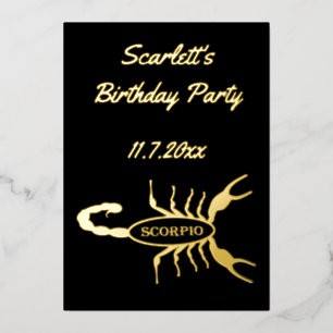 Invitación Con Relieve Metalizado Escorpio Black Scorpion Signo del Zodiaco Cumpleañ