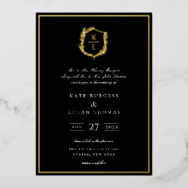 Invitación Con Relieve Metalizado Escudo botánico Monograma Boda