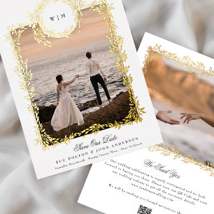 Invitación Con Relieve Metalizado Escudo botánico Monograma fotograma Real Gold