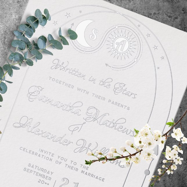 Invitación Con Relieve Metalizado Escudo celeste Moon & Sun Monograma Boda (Elegant Celestial Moon & Sun Crest Monogram Wedding Foil Invitation Millennial Marriage Ceremony )