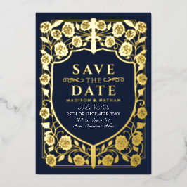 Invitación Con Relieve Metalizado Escudo de Espada Azul Monograma Medieval Salvar la