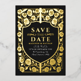 Invitación Con Relieve Metalizado Escudo de Espada Negra Medieval Monograma Salva la