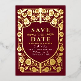 Invitación Con Relieve Metalizado Escudo de Espada Roja Medieval Monograma Salva la