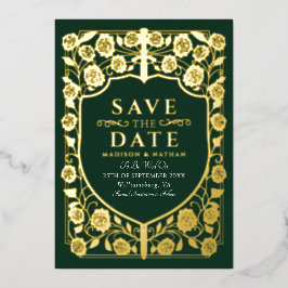 Invitación Con Relieve Metalizado Escudo de Espada Verde Medieval Monograma Fecha de