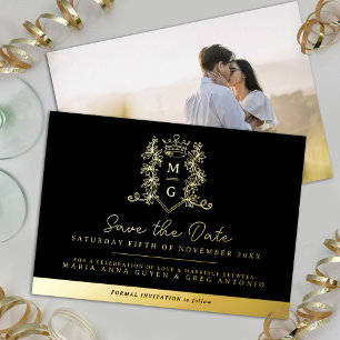 Invitación Con Relieve Metalizado Escudo de la corona foto de la boda de oro negro,