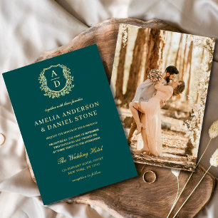 Invitación Con Relieve Metalizado Escudo de Leafy de Oro Verde verde azulado Boda de