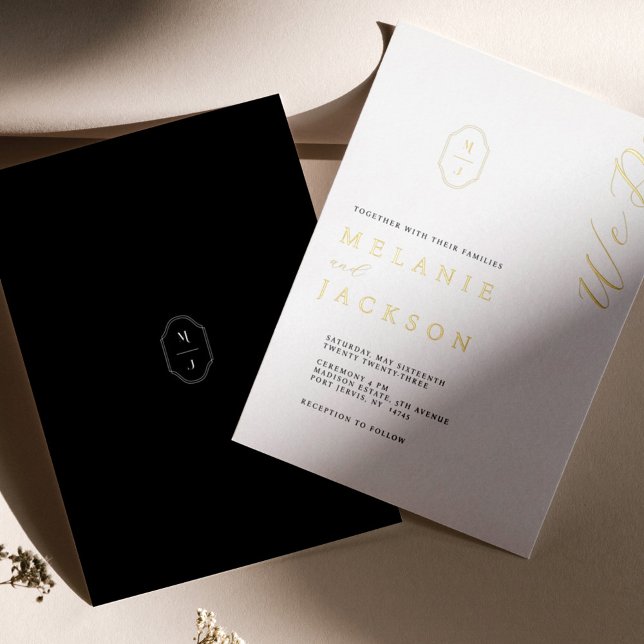 Invitación Con Relieve Metalizado Escudo de monograma personalizado mínimo en blanco (Subido por el creador)