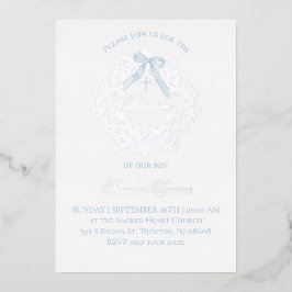 Invitación Con Relieve Metalizado escudo de plata bebé niño Bautismo