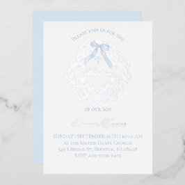 Invitación Con Relieve Metalizado escudo de plata bebé niño Bautismo
